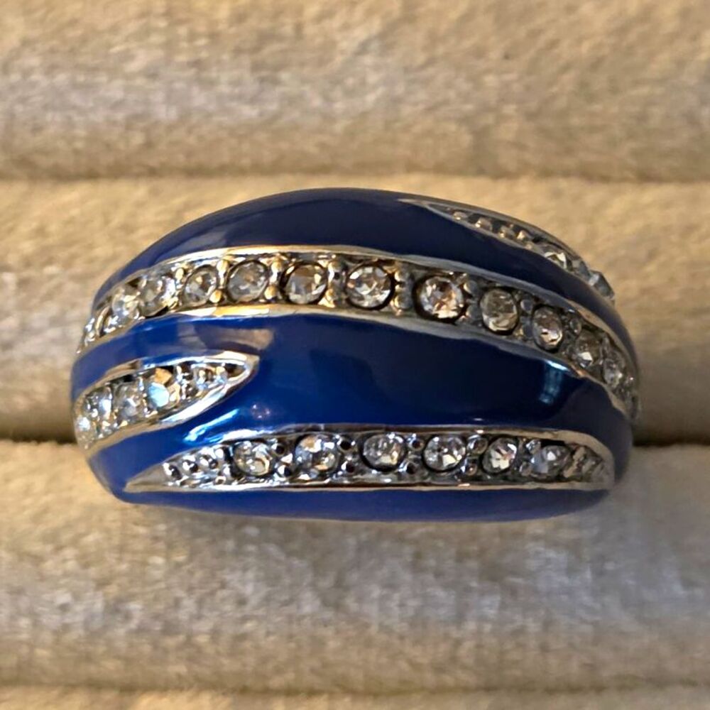 Blue Enamel Silver Tone Wide Band Ring Clear Pavé Crystal Accents Size 8